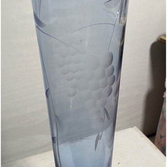 Blue Glass Vase Parma by AAI Etched Grapes Leaves Clear Pedestal Trumpet 8.25" - Picture 2 of 9